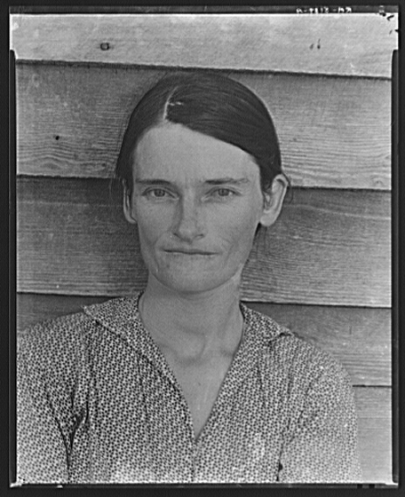 Allie Mae Burroughs, wife of a Cotton Sharecropper. Hale County, Alabama (1936). Library of Congress, Prints & Photographs Division, FSA/OWI Collection, LC-USF342-T01-008139-A (b&w film dup. neg.)
