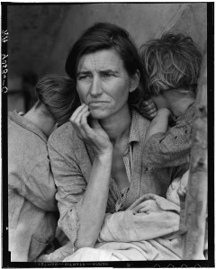Destitute pea pickers in California. Mother of seven children. Age thirty-two. Nipomo, California, Library of Congress, Prints & Photographs Division, FSA/OWI Collection, LC-USF34-T01-009058-C (b&w film dup. neg.)